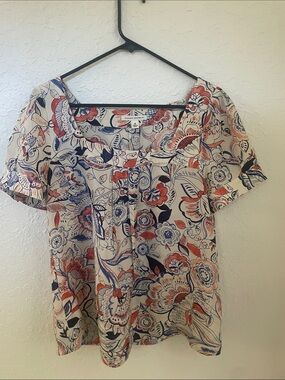 Banana Republic Floral Scoop Neck Top - Cream, Navy & Coral
